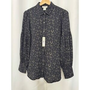 Ariat Long Sleeve Top Golden Horseshoes Western Puff Sleeve Black Shirt S NWT